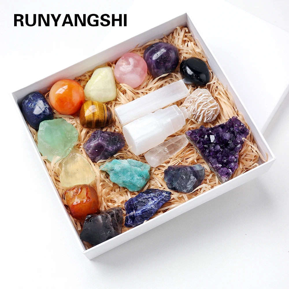 20pc Natural Crystal Gift Box Amethyst Raw Stone Treatment Gem Decoration Selenite Health Ornament