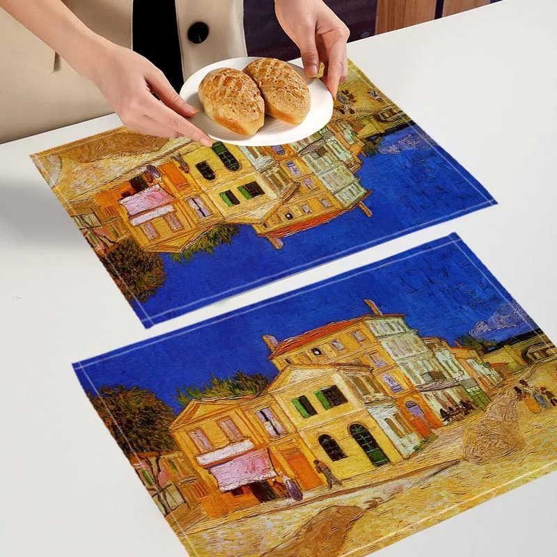 Tovaglietta artistica Van Gogh 2PC per cucina Bar Ciotola Pad antiscivolo Resistente al calore Tovaglietta in lino di alta qualità 7.17WJY