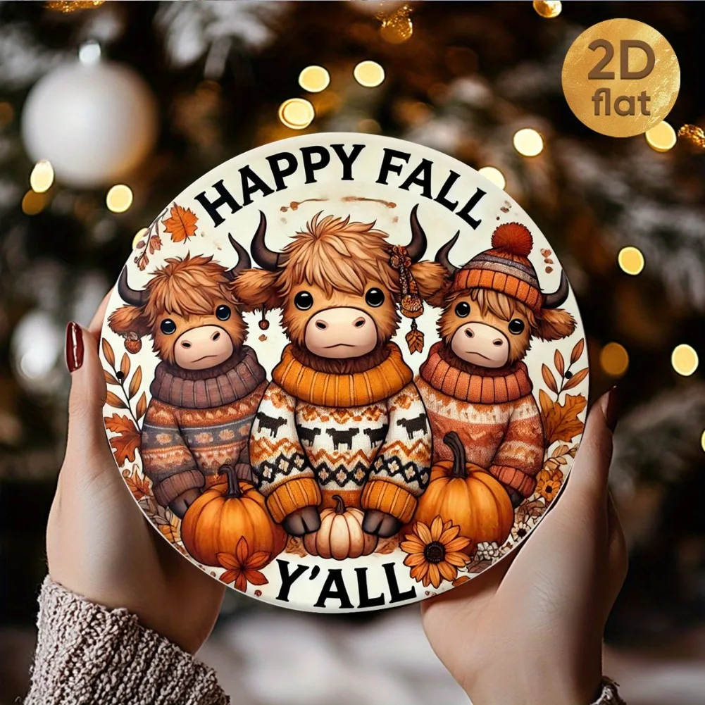 علامة إكليل البقرة المرتفعات العتيقة "Happy Fall Y'All" - قطعة واحدة مقاس 7.87 × 7.87 بوصة فن جداري حديدي مستدير مسطح ثنائي الأبعاد، ديكور للمنزل والمقهى والشرفة