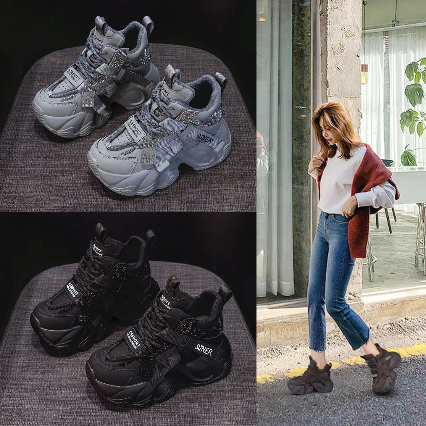 Women's Dad Shoes Thick Sole Casual Diamond Decorated Increased Height 8cm Fashionable Knotting Shoes for Autumn Season
