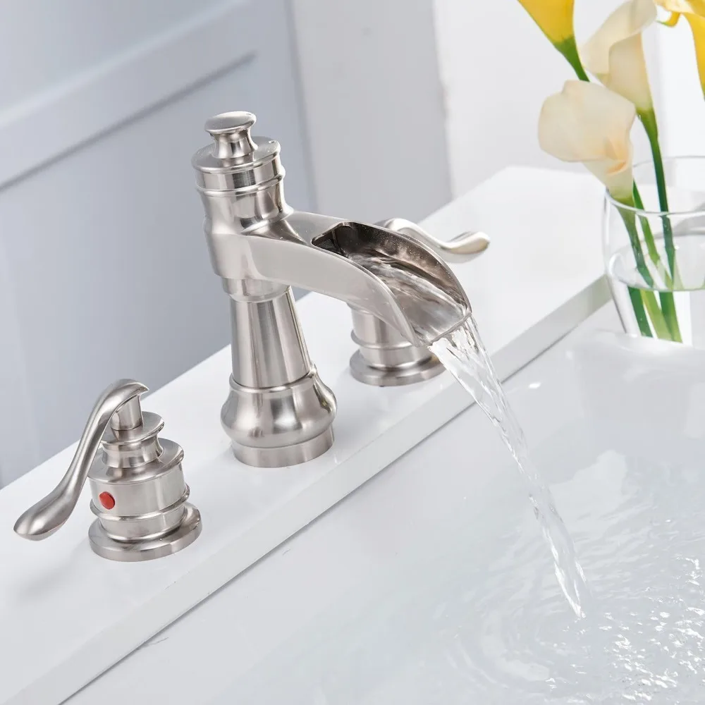 Two-Handle High Arc Brushed Nickel Bathroom Faucet with Waterfall Spout, Widespread 8 Inch, Suitable for Sinks