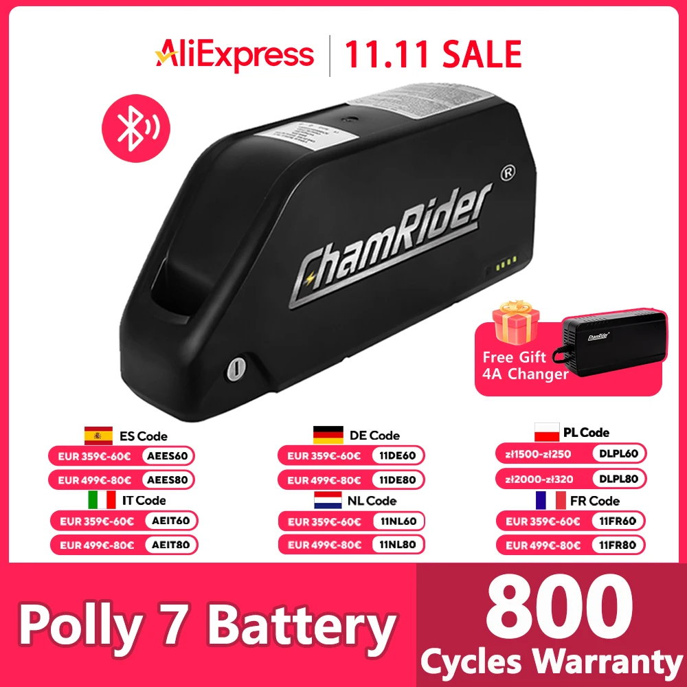 ChamRider Polly 7 48V Electric Bicycle Battery 52V Ebike Battery Downtube BMS 350W 500W 750W 1000W 18650 Cells