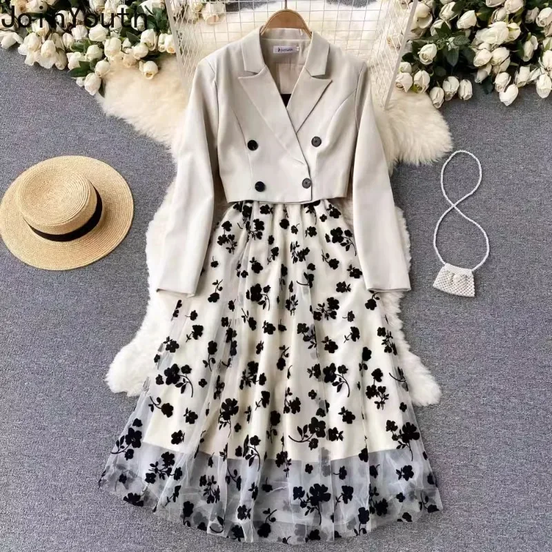 Temperament Women's Clothing 2 Piece Sets Double Breasted Crop Jacket Gauze Floral Tunic Dresses Outfits Fashion Korean Suit