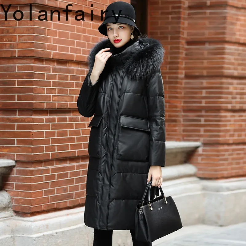 YOLANFAIRY Leather Jackets Women New in Outweats Winter Long Down Jacket Large Size M-3XL Loose Hoode Jaqueta Couro Feminina