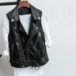 New Spring Autumn Black PU Leather Waistcoat Fashion Women Motorcycle Vest Coat Sleeveless Vests Jacket Large Size 2XL