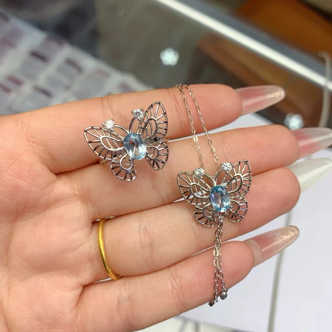 Pure Natural Aquamarine Butterfly Shaped Women's Ring Necklace Set S925 Pure Silver Inlaid Light Blue High Clarity Support Test