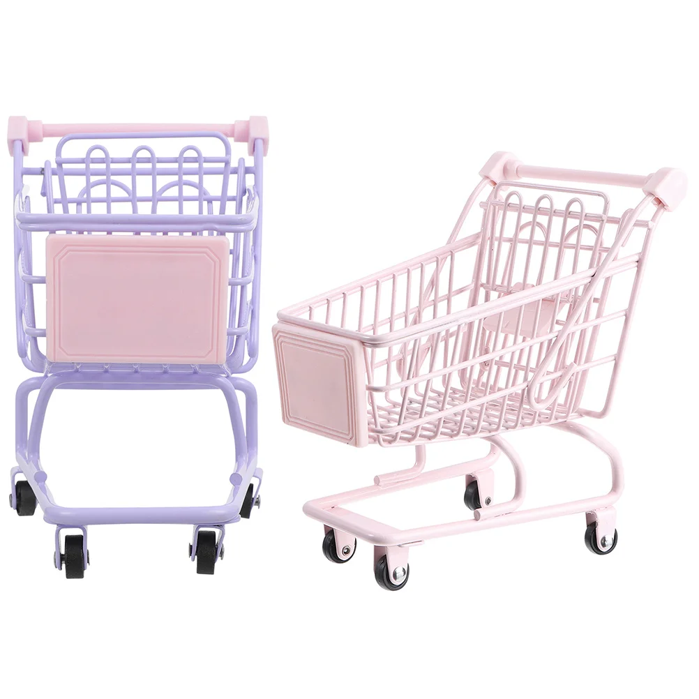 2 Pcs Mini Shopping Cart Desk Toy Trolley Toys Miniature Girls Small Supermarket Boy Storage