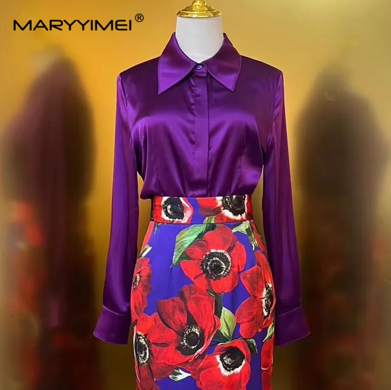 MARYYIMEI Spring Summer Fashion Silk Women\'s Suit Long sleeved Shirt top＋Red anemone print skirt silk Commuter Two Pieces Set