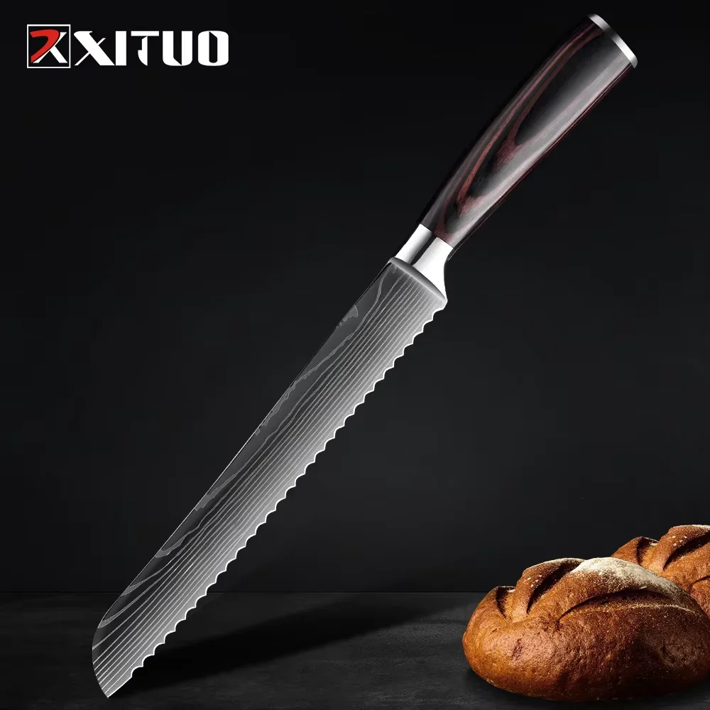 XITUO Bread Knife 8” Serrated Knife Damascus Laser Pattern Steel Knife for Homemade Bread, Razor Sharp Edge for Slicing Bread