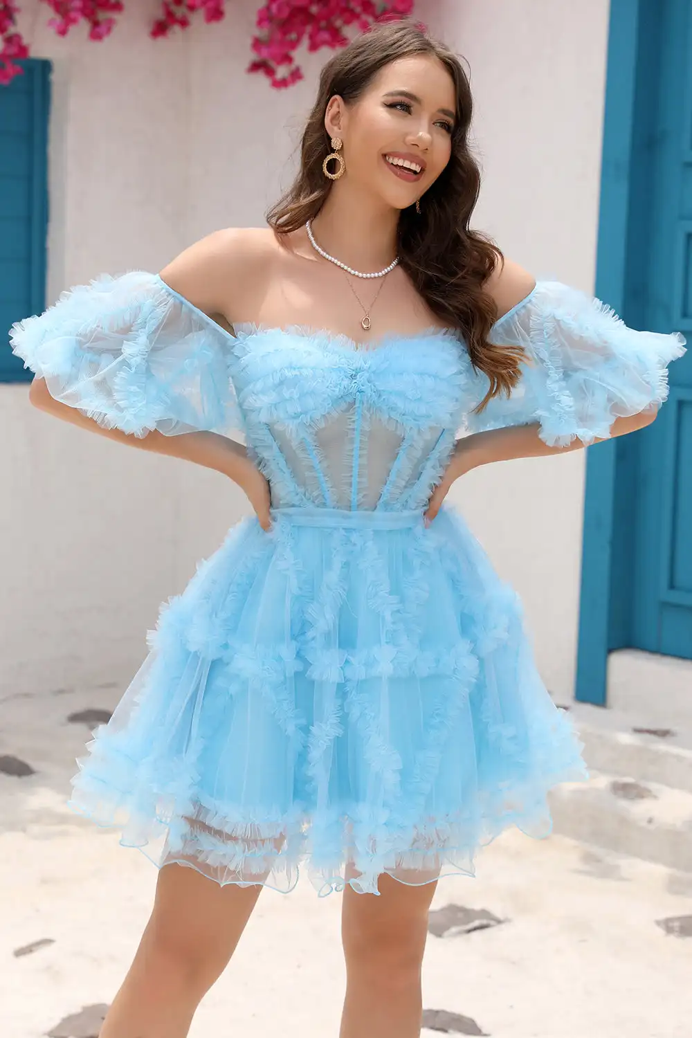 Mini vestido de fiesta de tul azul claro, vestido de noche para adolescentes, escote Corazón, hombros descubiertos, plisado escalonado, línea A, fiesta de cumpleaños, nuevo