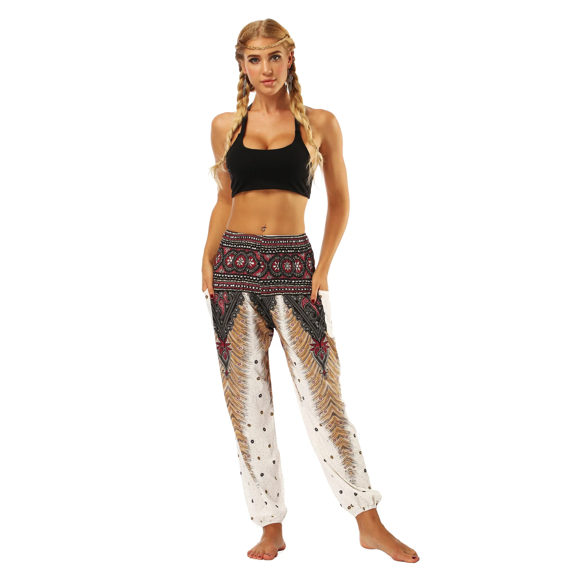 Peacock Feather Print Women\'s Casual Leggings Yoga Dance Lightweight Breathable Sports Lantern Pants Women