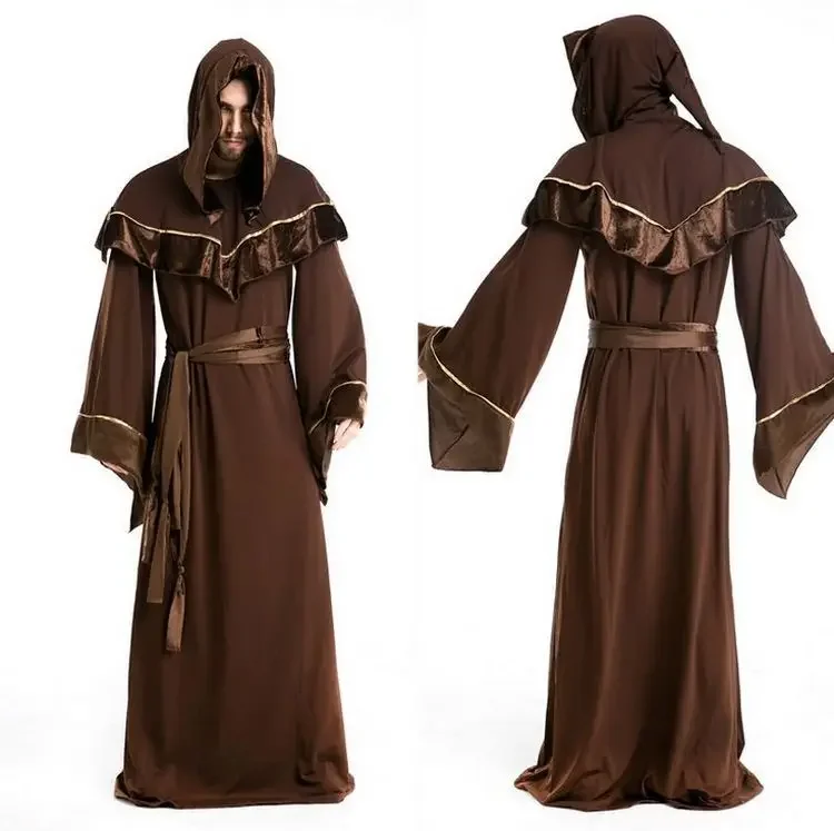 Neue mittelalter liche Zauberer Cosplay Halloween Kostüme für Männer Erwachsene religiöse Pate Party Performance Magier Uniform für Mann Robe Set