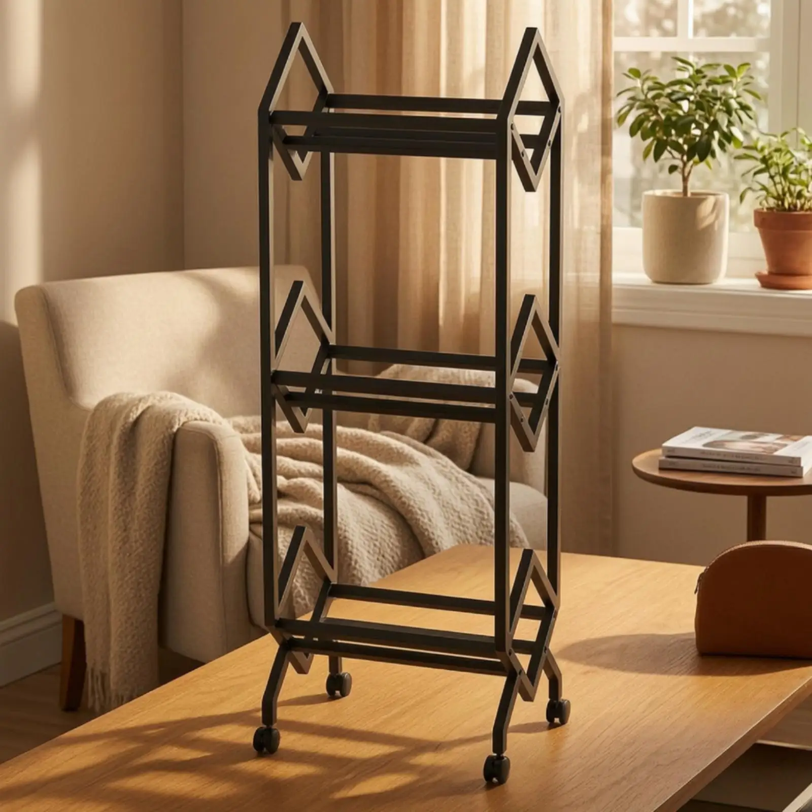 Three-Tier Black Metal Storage and Display Rack Freestanding Tiered Media Shelf with Caster Wheels for Home Office, Reading
