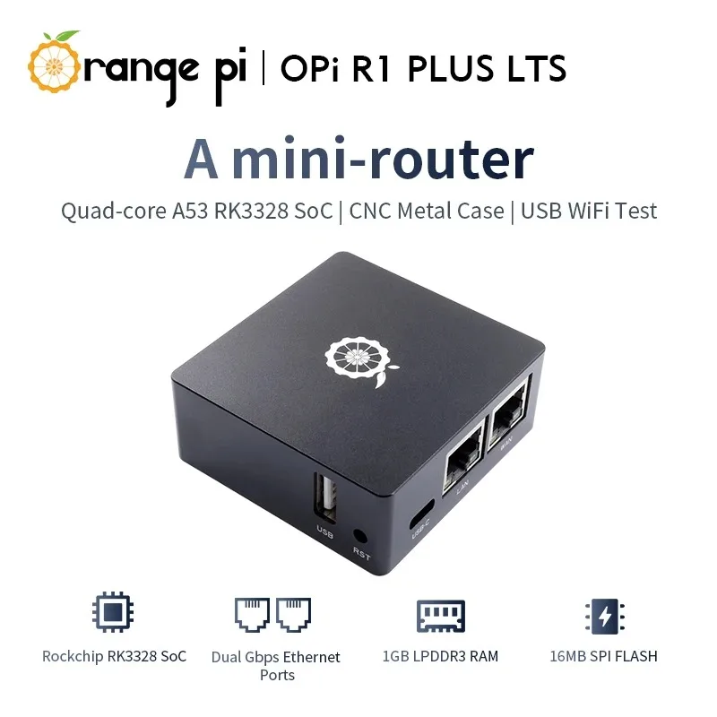 

Orange Pi R1 Plus LTS 1GB RAM RK3328 SBC Single Board Computer Dual Gigabit OpenWrt Assembled with Metal Shell Soft Routing