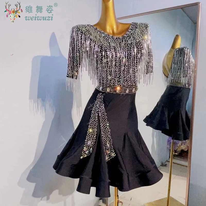Latin Dance Tassel Dress Women's Customized Fringed Diamond Fishtail Skirt Chacha Samba Tango Professional Performance Costumes