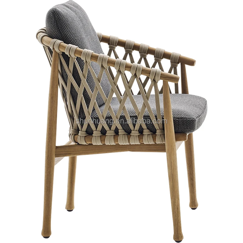 Modern Luxury Outdoor Furniture Patio Dining Chair And Table Set Wooden Restaurant Rope Garden Stackable Chairs With Cushions