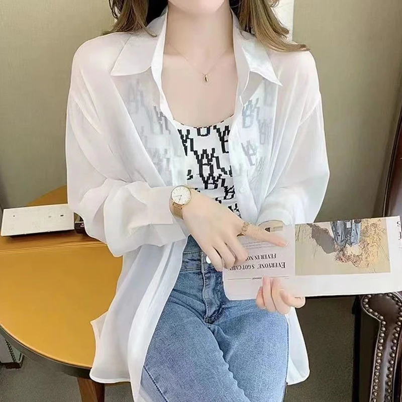 White Chiffon Sun Proof Blouse Women Fashion Loose Long Sleeve Casual Thin Shirt Simple Solid Summer All Match Elegant Tops