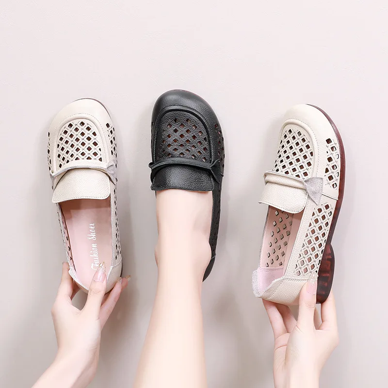 Summer Genuine Leather Slip-On Hollow Out Shoes New Fashion Breathable Women Shoes Women's Soft Comfortable Casual Driving Shoes