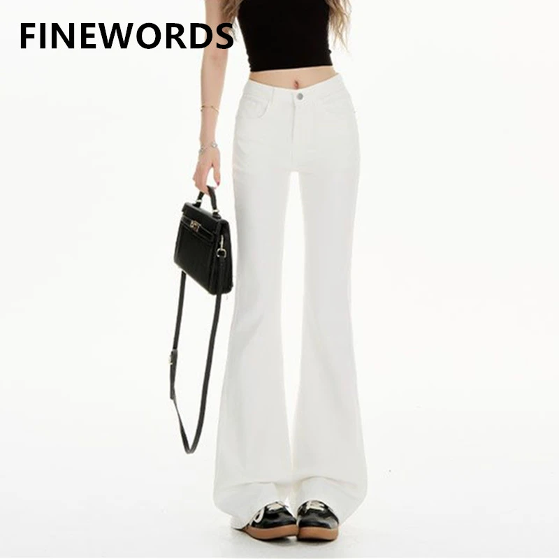 

FINEWORDS Vintage Casual Korean White Bell Bottom Jeans Women Easymatch Streetwear Flared Jeans Streetwear Denim Pants