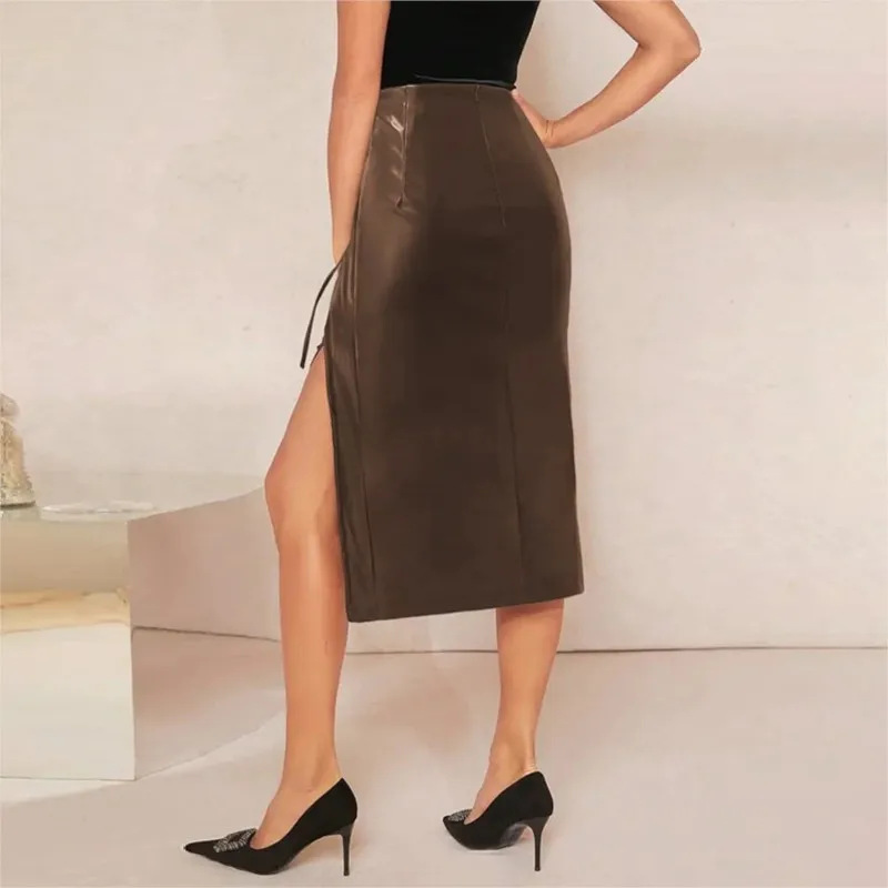 2025 Brown Leather Skirt New Product Women's Half Body Bag Hip Skirt One Step Skirt Fashionable Slimming Split Half Body Skirt