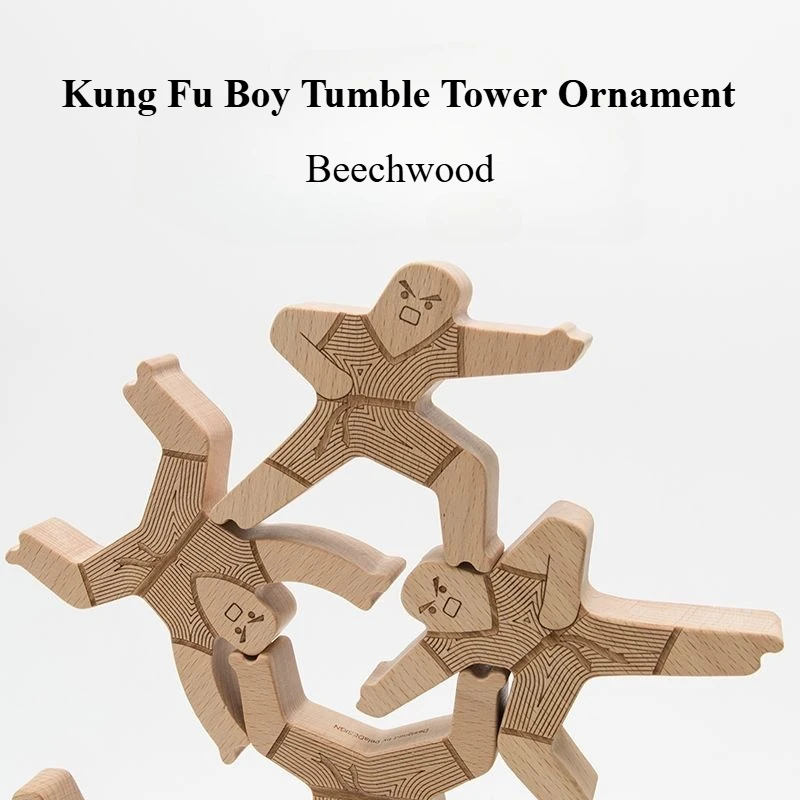 Wooden Kung Fu Tumble Tower Ornament Relaxing Stacking Decorative Wood Art for Desk,Office & Indoor Decor Boy kids Gift