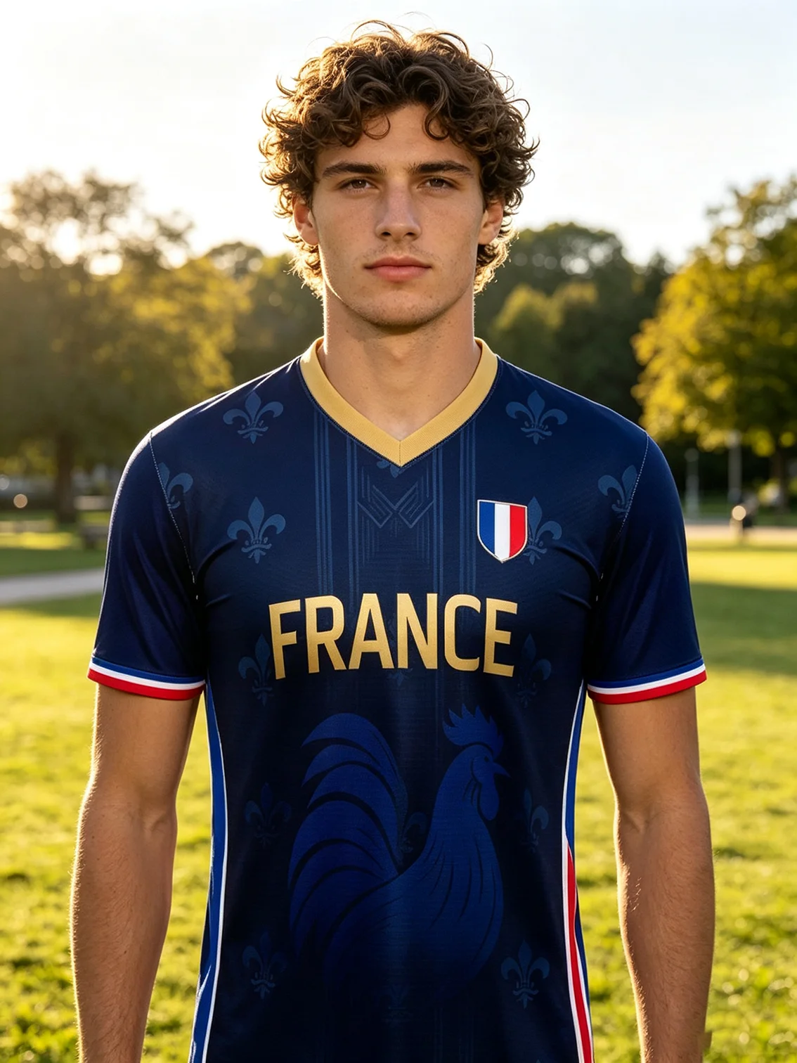 Athletic‑fit France soccer top with gold neck trim, elastic material for unrestricted sports moves
