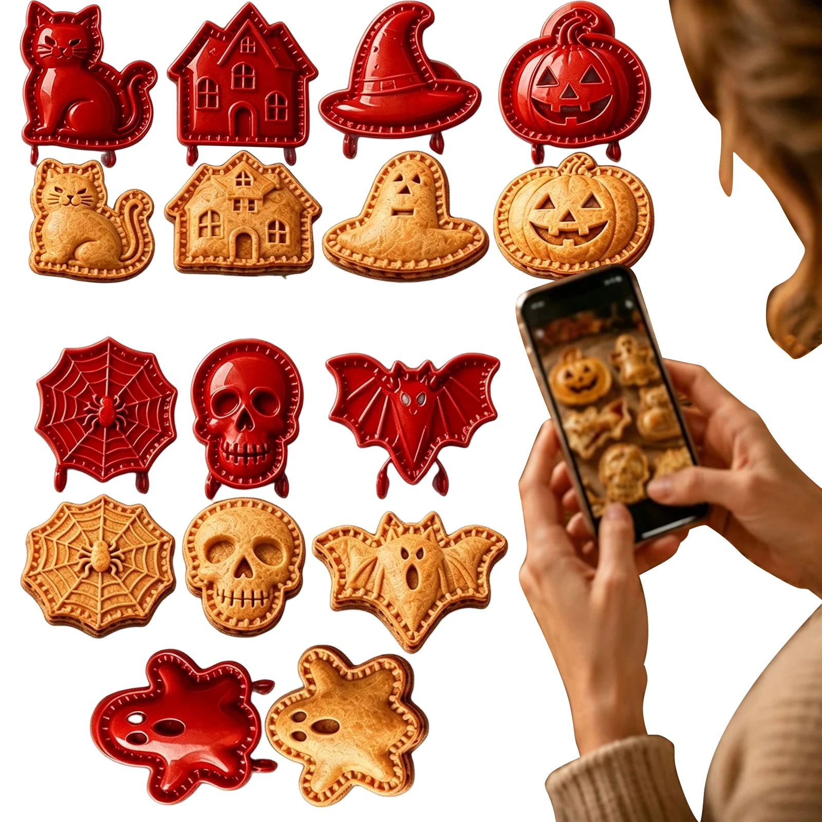 Halloween Mini Hand Pie Set 8 Spooky Shapes Pumpkin Ghost Bat Skull Witch Hat Spider Web Haunted House Plastic Baking Tool