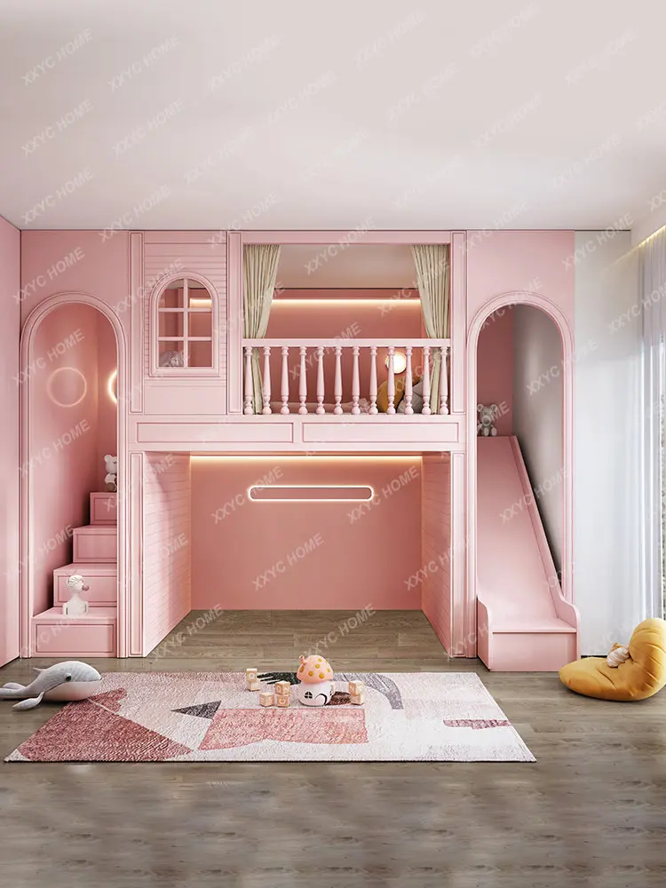 Litera con tobogán personalizada para habitación de niños, casa de árbol, castillo, espacio independiente, cama para niñas
