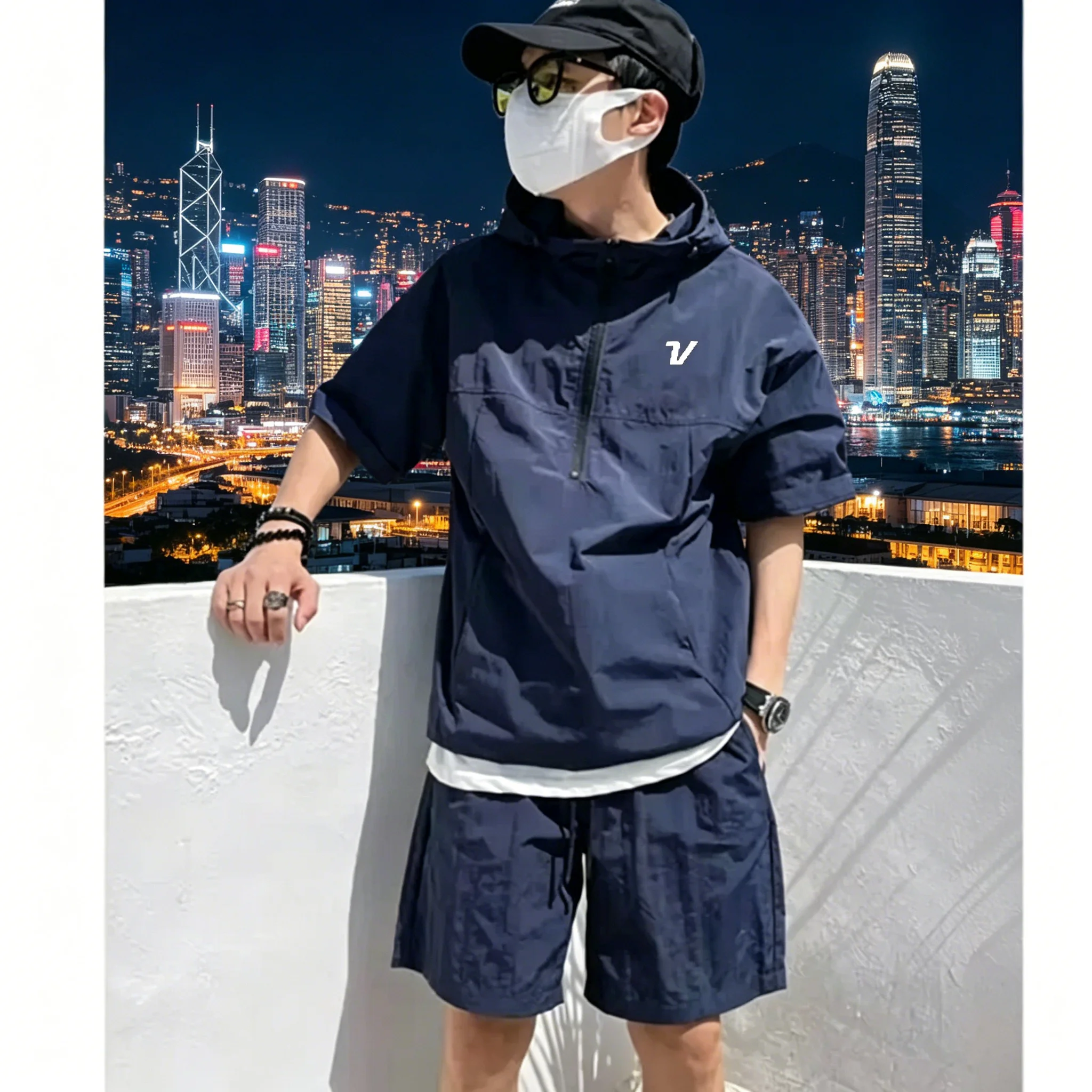 Summer Golf Clothing - เสื้อกอล์ฟแขนสั้นมีฮู้ดแบบมีซิปสำหรับผู้ชาย + กางเกงขาสั้น ชุดสองชิ้น เสื้อหลวมสบายๆ สำหรับฤดูร้อน