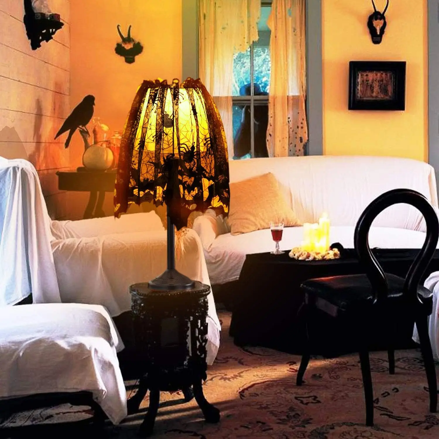 Halloween Black Lace Spider Web Decor Multi-use Lamp Shade Cover Tablecloth for Home Dining Table Holiday Party Ornament - view 5