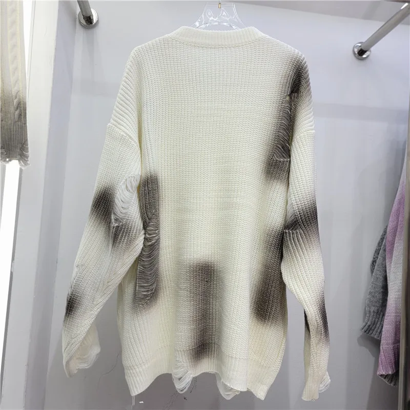 HKSH Women's Sweater American Style Ripped Letter Design Tie Dye O-Neck Loose Casual Pullover Knitwear Autumn Winter New HK26745