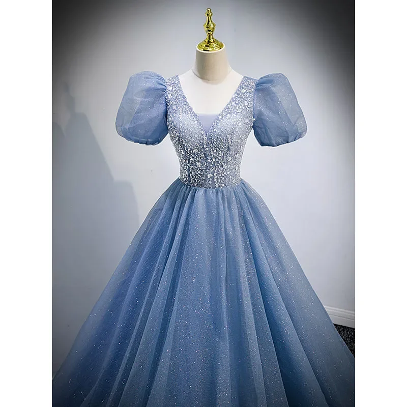 Cinderella Dress Wedding Blue Princess Dress Halloween Costumes for Women Cosplay Bubble Sleeve Puffy Dress