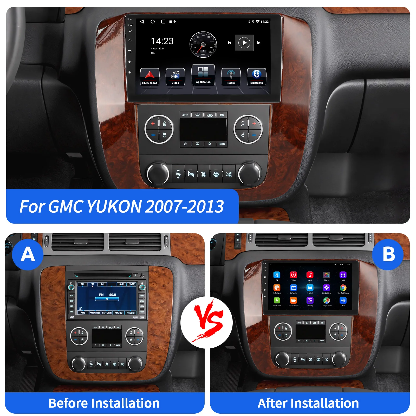 9インチ GMC シボレー 2007-2014 タホ サバーバン ワイヤレスCarPlay Android14 ラジオ ステレオ WiFi GPS Bluetooth タッチスクリーン SWC+DVR&カメラ