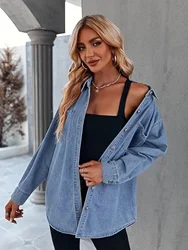 Vintage Single-Breasted Denim Shirts Women Long Sleeve Turn Down Collar Pockets Oversized Jean Blouses Casual Loose Shirt Tops