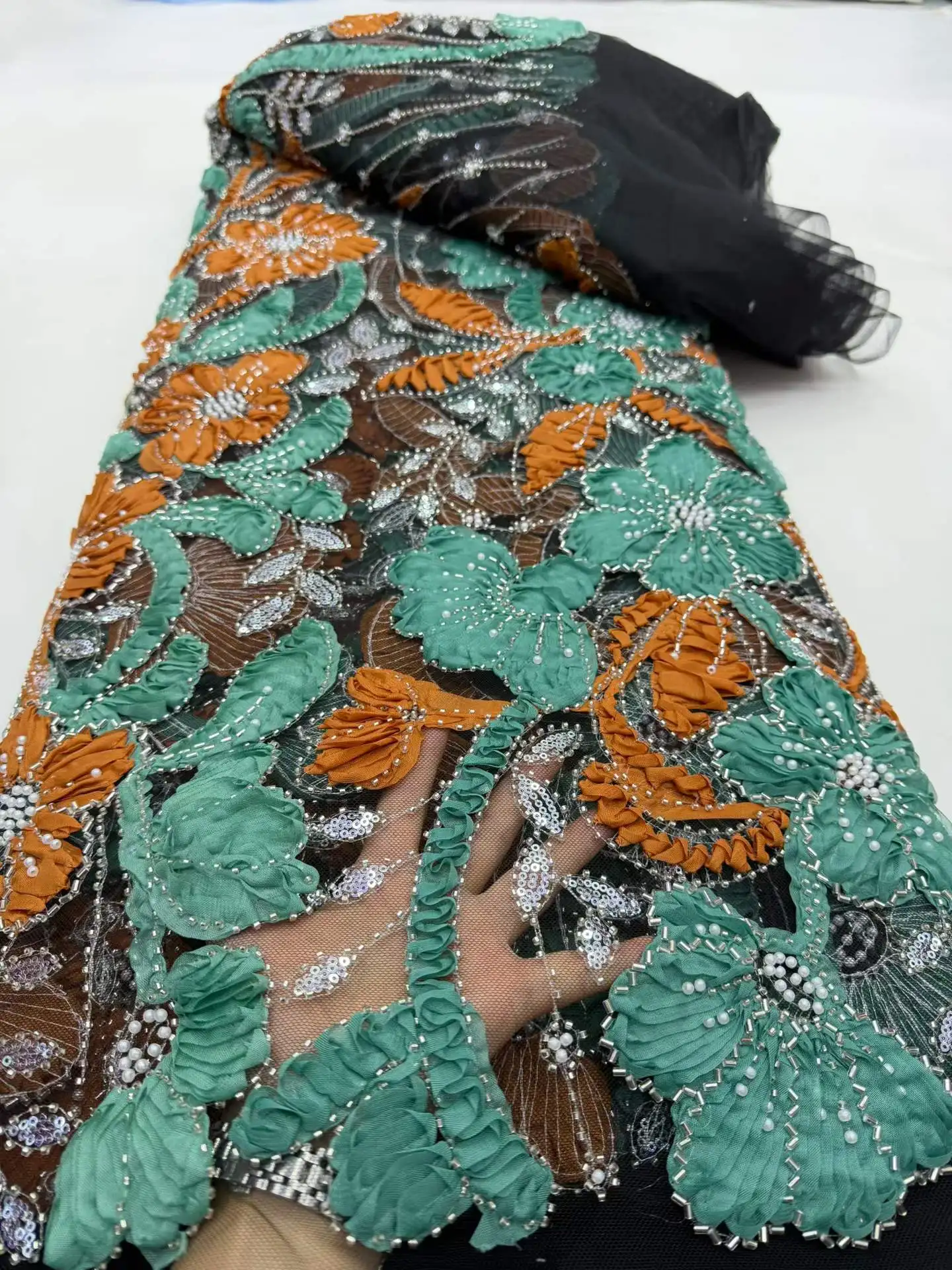 

Handmade Sequins Beads Lace Fabrics African Lace Fabric High Quality Mesh Embroidery 3D Tulle Nigerian For Party Dress