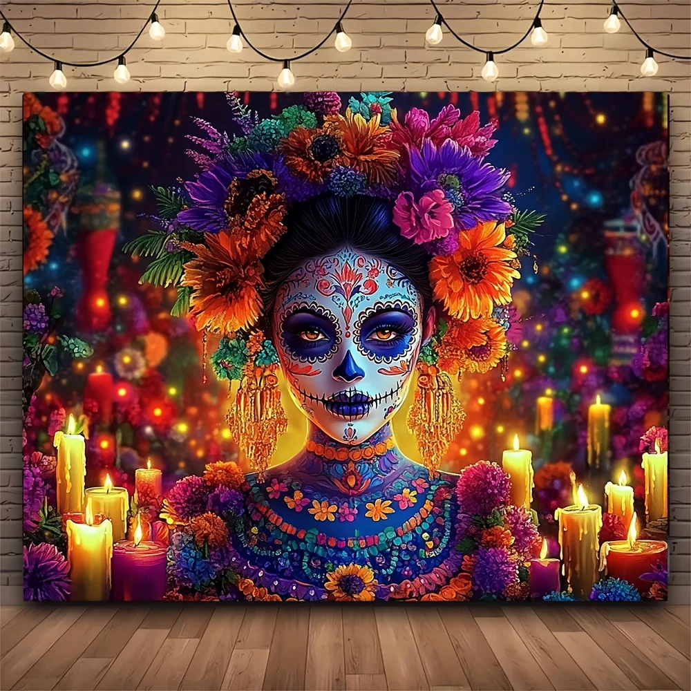 Boho Day of the Dead Tapestry Calavera Sugar Skull Dia de Muertos Mystical Boho Wall Art Hanging Wall Decor Print