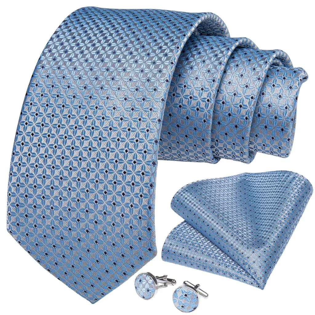 Luxury Blue Plaid Dot Silk Ties For Men Solid Wedding Accessories Neck Tie Handkerchief Cufflinks Set Gravatas Mens Gift DiBanGu