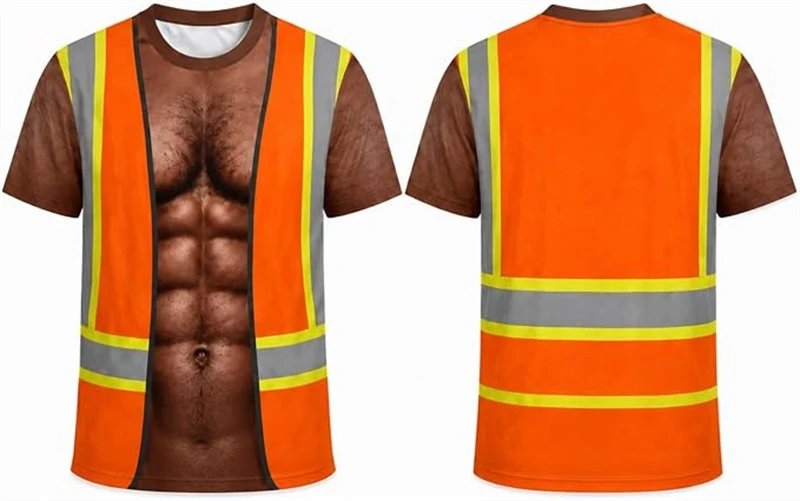 Men Funny 3D Fake Safety Vest Muscle Chest Print T‑Shirt Novelty Optical Illusion Tees Halloween Party Costume Casual Streetwear
