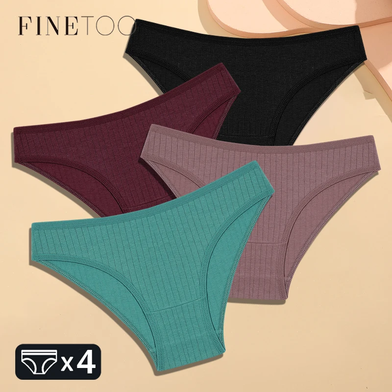 FINETOO 4Pcs Cotton Striped Underwear Women\'s Panties Sexy Breathable Solid Briefs Female Low Waist Comfortable Stretch Lingerie