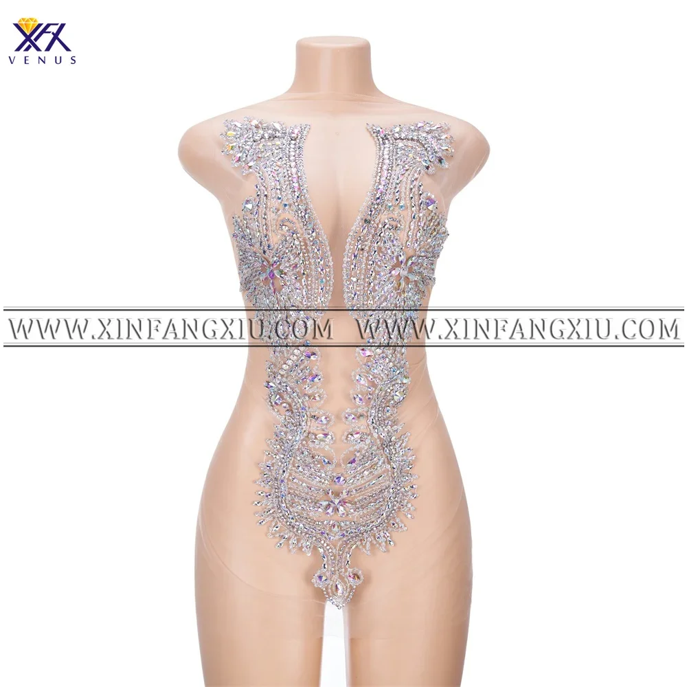 XFX VENUS 1 PCS AB Silver Hand Custom Made Beaded Sew on Rhinestones Sequins Beads Patches Designer Appliques for Wedding Bodice