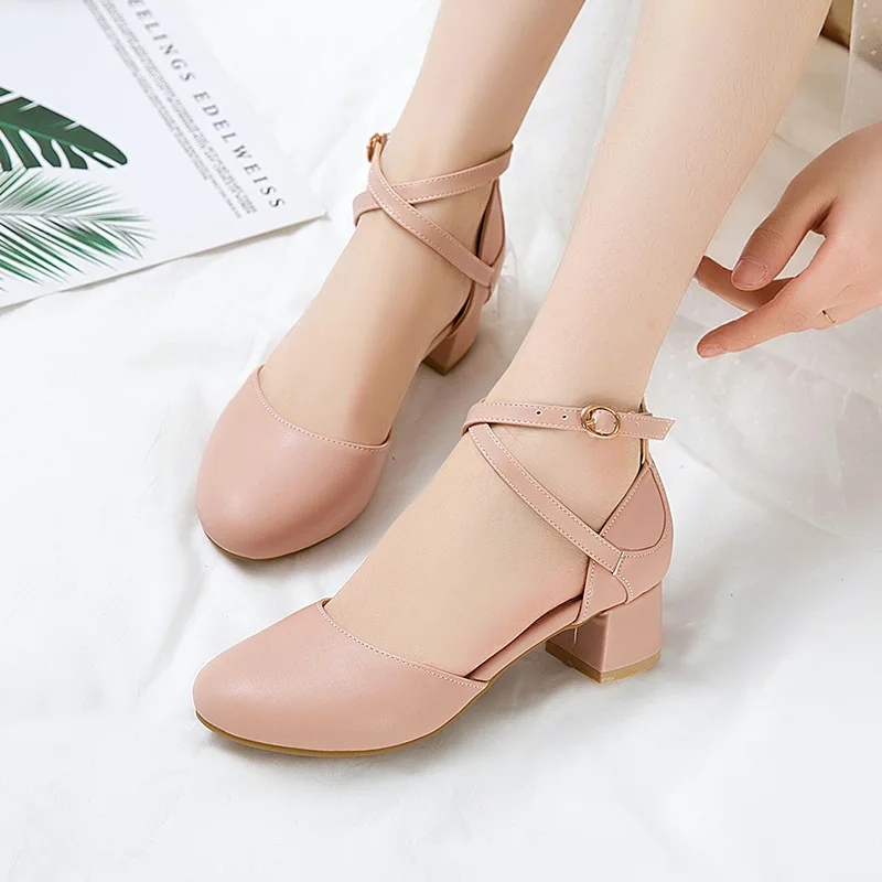 Zapatos de tacón alto para niña, calzado blanco de moda para boda, fiesta de novia de 4CM, cabeza redonda, poco profundos, talla grande 30-43