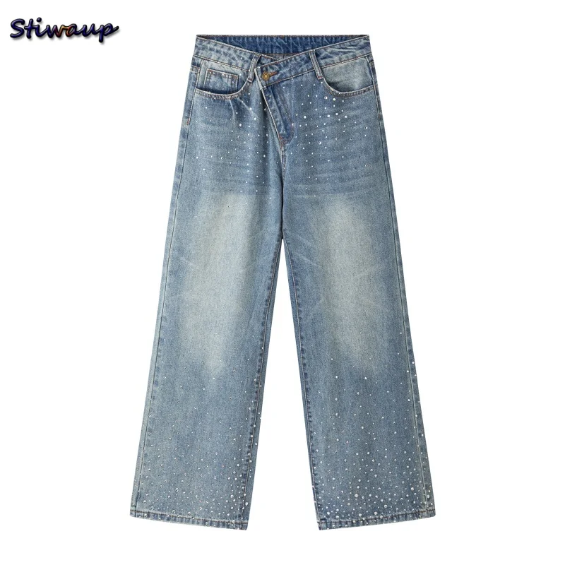 

2025 женские джинсы-ковбойки, светло-голубые потертые джинсовые брюки, прямые повседневные уличные брюки с украшением из бисера, модные
