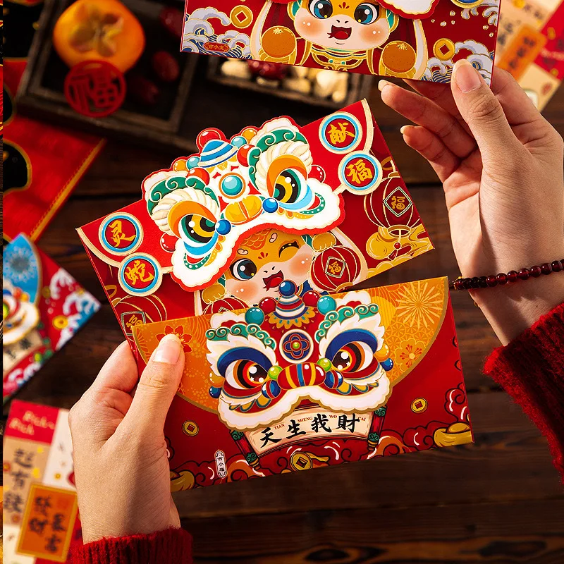 6Pcs New Year Red Packet 2025 Waking Lion Model Year of the Snake Red Packet Chinese New Year Lucky Bag Gifts for Kids