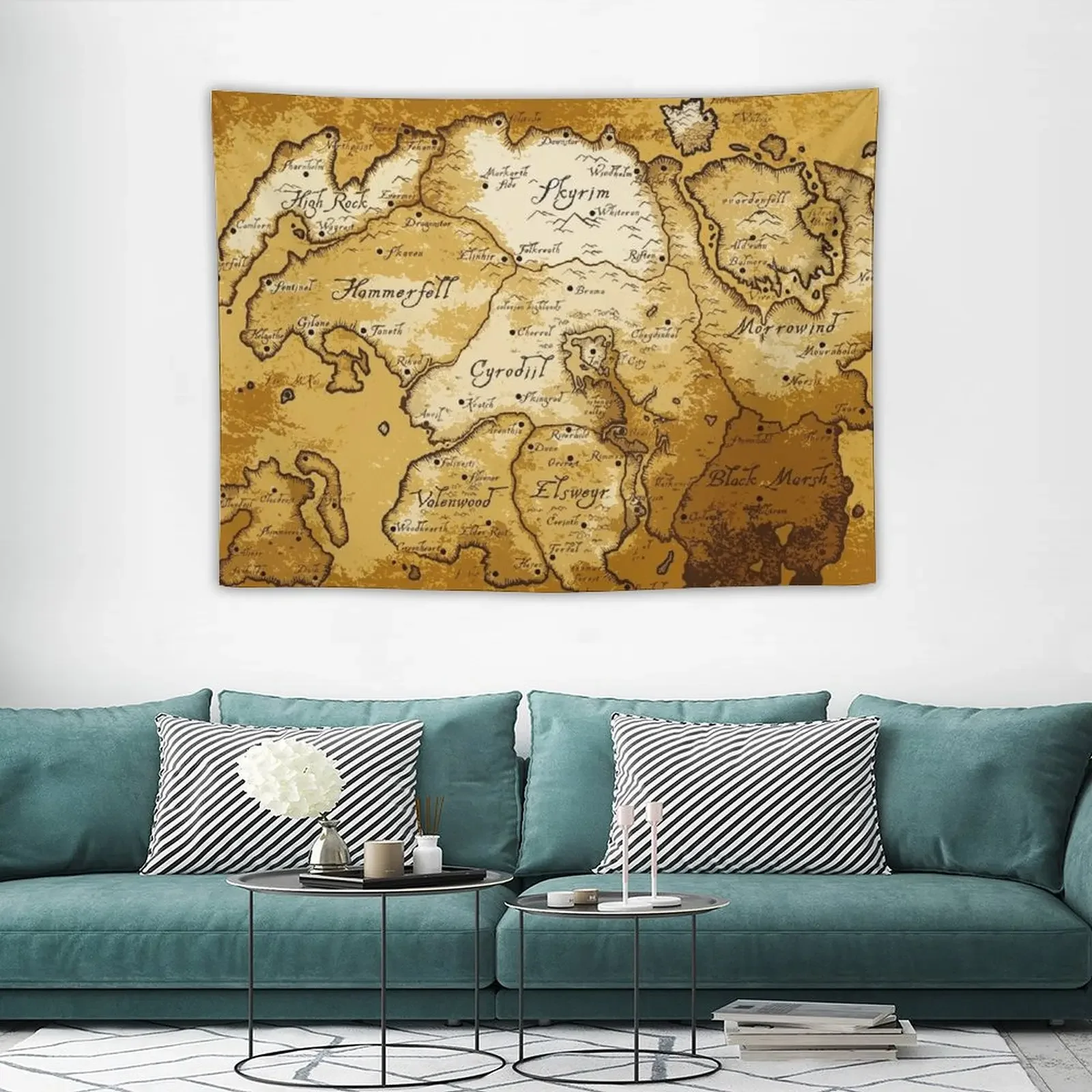 Aged Scrolls Fantasy Map Vector Minimalist Ancient RPG DnD Tamriel Elder ESO Online Summerset Tapestry Wall Mural Tapestry