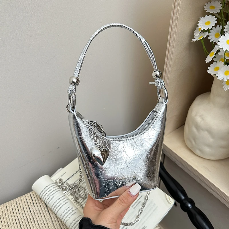 

PU Leather Mini Crossbody Bag for Women 2026 New Korean Fashion Luxury Shoulder Bags Female Fashion Handbags Silver Clutch Bag