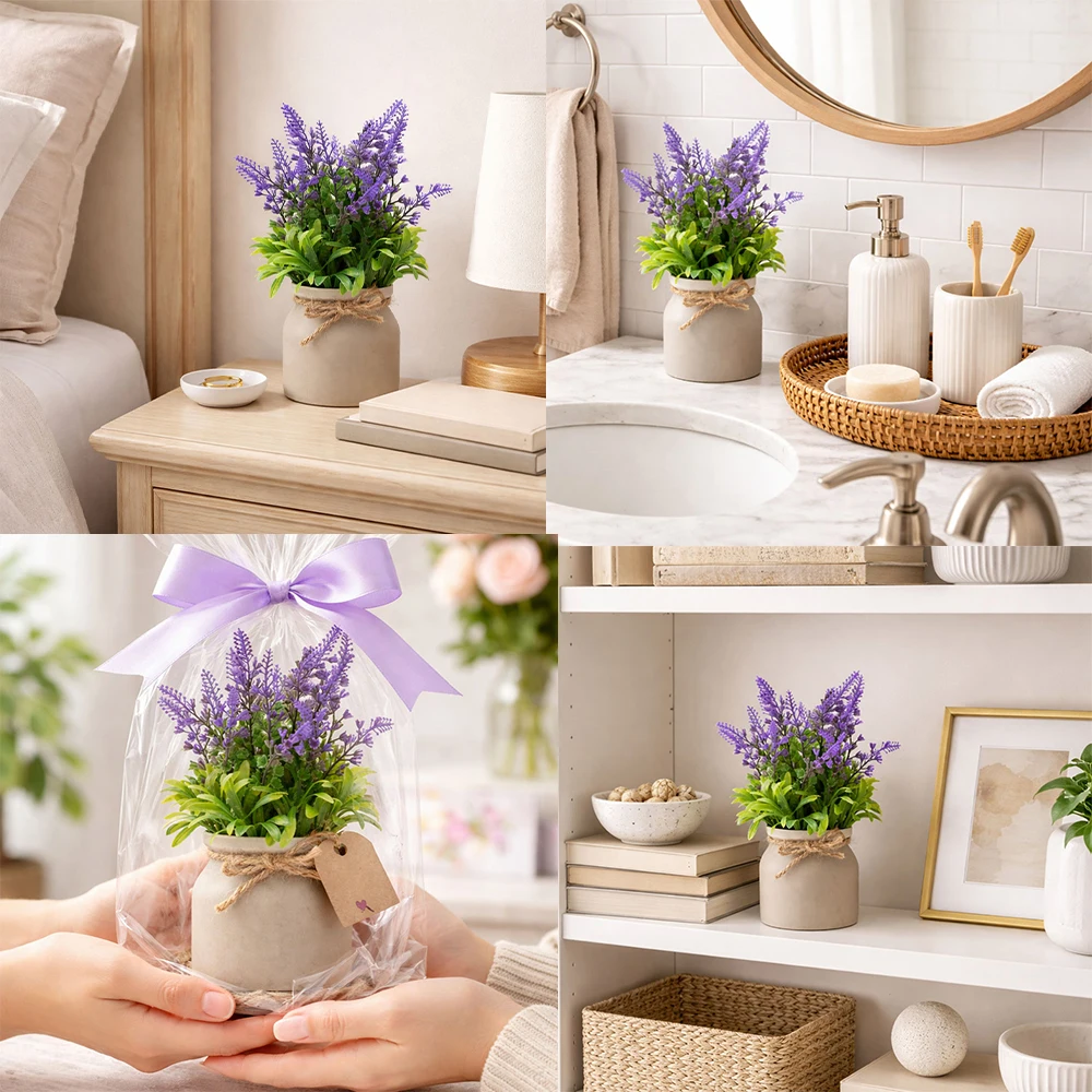 2 Stück Künstliche Lavendelpflanzen im Topf, Mini Plastik-Gänseblümchen, Künstliche Blumen-Bonsai für Innenräume, Schreibtisch, Schlafzimmer, Regal, Büro, Heimdekoration – Detail 3