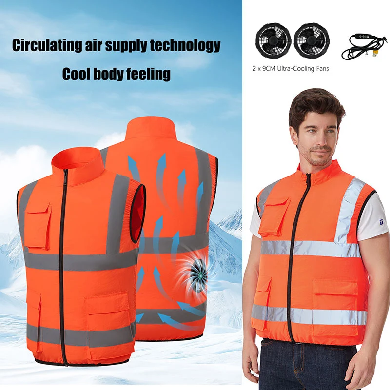 

USB Cooling Vest For Men Women Summer Ice Cooling Fan Jacket 5V Portable AC Work Vest Reflective Stripe Hiking Fishing Outdoo