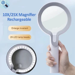 10X 25X Handheld Illuminated Magnifier USB Rechargeable Magnifier with 29 LED Touch Switches for Reading/Jewellery/Maintenance