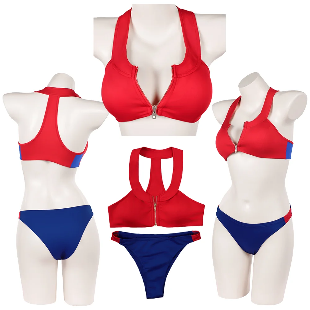 C.J. Parker Baywatch Cosplay Costume Bikini Red Blue Two-Piece Bathing Suit with Front Zip Top Women Beachwear Swimsuit Carnival
