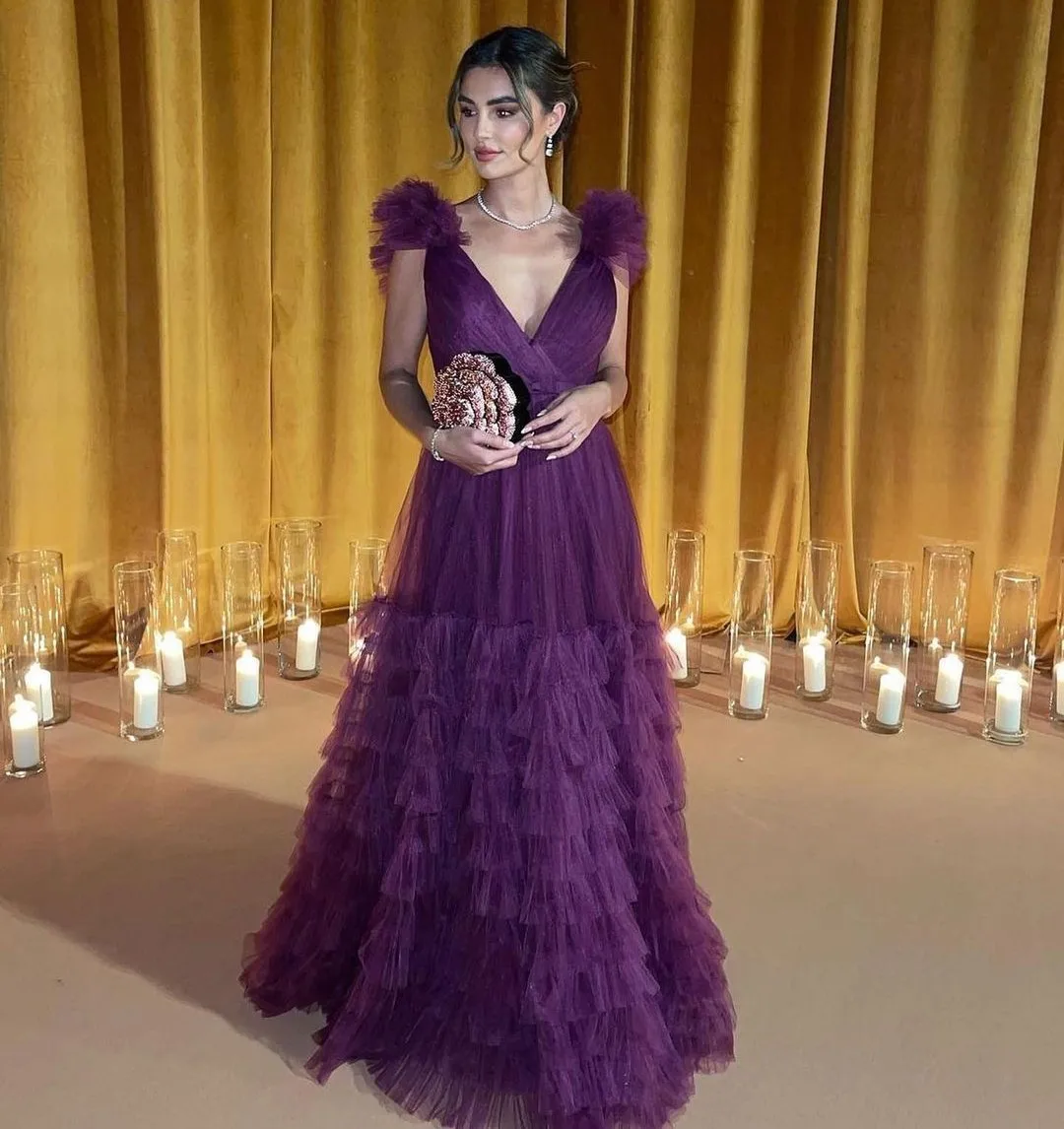 

Customized Deep V Neck Vestidos Prom Dresses 2026 Ruched Tiered Tulle Party Evening Gowns Long Sexy Birthday Dress Formal Dress